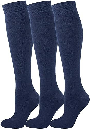 COSHAL® 3 Ladies Plain Cotton Blend Lycra Knee High Socks Girls Knee High Plan socks Back to School Socks Uniform Party Wear Long Sock Girls UK 6-9 Navy KH