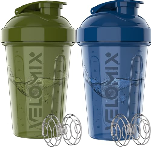 VELOMIX 2 Pack 20oz Protein Shaker Bottle for Protein Mixes, Green/Blue