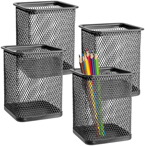 Mgood 4 PCS Pot a Crayon Bureau, Carré Pot a Crayon en Métal Mesh Multifonction, Porte Stylo idéal pour organiser stylos, pinceaux et accessoires de maquillage, Noir