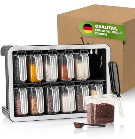 Viwares Gewürzdosen 12er Set mit Wandhalterung und Löffeln, Luftdicht, BPA-frei, Transparent, Gewürzdosen für organisierte Küche, Modernes, platzsparendes Gewürzregal mit Aromaschutz, 250ml