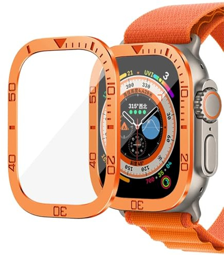 HEPUP Härdat glas för Apple Watch Ultra 2 49 mm skärmskydd Anti-skrapa metallram för IWatch Series Ultra 49 mm tillbehör(Orange)