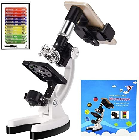 Microscopes Biological Microscope 100X-1200X- 1200X Gifts for Kids Beginner Metal Body with Phone Holder Adapter Plastic Slides for School Laboratory