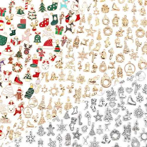 SANNIX 350Pcs Christmas Charms, Xmas Enamel Charms Mixed Bulk Antique Gold Tibetan Silver Jewelry Pendants for Bracelet Necklaces Earrings Making and Holiday Decorations