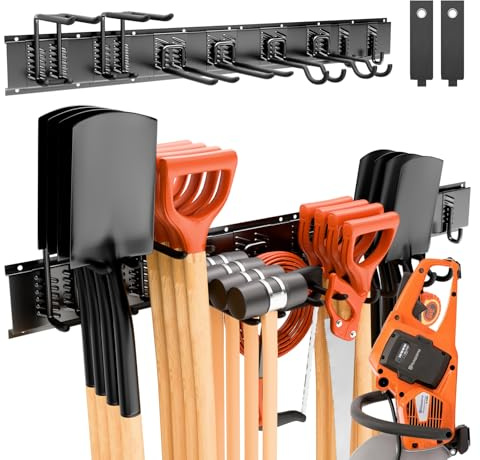 Porta Attrezzi da Giardino1 Regolabile 120 cm, Scaffalatura Multifunzione da Parete, Supporto a Parete per Attrezzi da Giardino - con 3 Binari e 8 Ganci per Garage, Giardino, Cantina, Cortile (Nero)