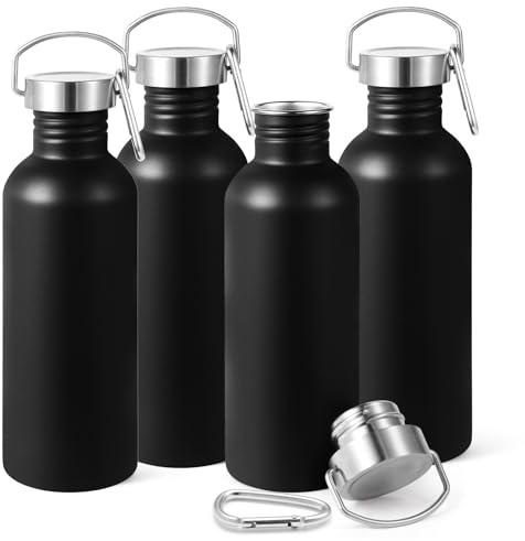 Volhoply 1 000 ml oisolerade enkelväggiga vattenflaskor 4-pack, rostfritt stål sportvattenflaska med handtag, BPA-fri, lättviktiga vattenflaskor för vandring, cykling, löpning (svart, 4)