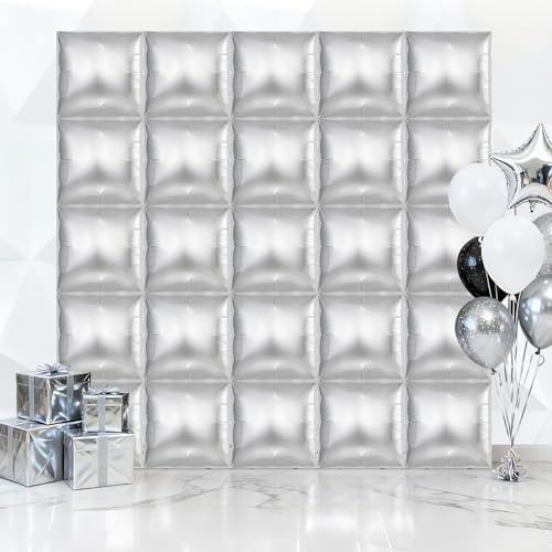 25 Pcs Silver Square Balloons, Metallic Square Foil Balloons Wall Backdrop, Double Sided Mylar Balloons Tunnel Arch Kit for Anniversary Wedding Birthday Baby Shower Party Decorations