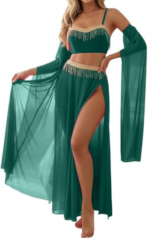 Vhersily Costume da Danza del Ventre Donna Completo Top Corto Pantaloni Gonna Chiffon Maniche Rimovibili Danza Etnica per Orientale Costumi Carnevale Stile Trendy e Festivo Vibrante per Party Club