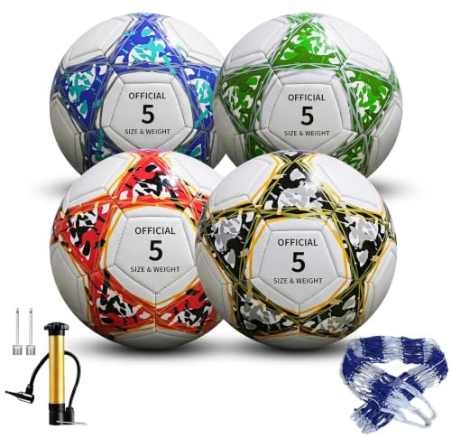 4 Pack Footballs Size 5/4/3, Official Size & Weight Soccer Balls Set with Pump and Carry Net, Premium Synthetic Leather Training Balls for Matches, Practice and Outdoor Play (Multicolor, Size 5)