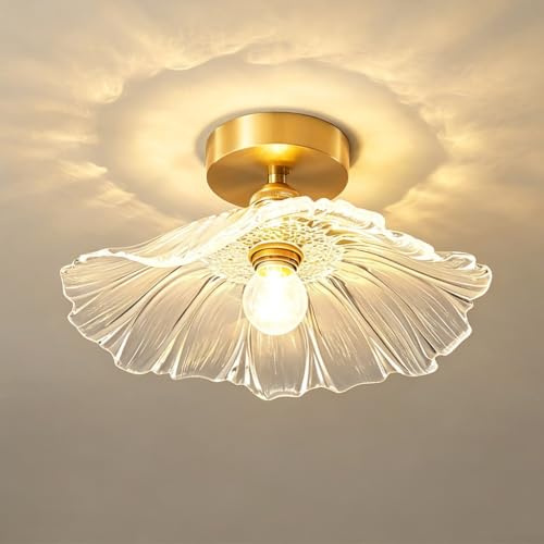 HYKISS Fransk Halvinfälld Taklampa Taklampa I Glas Lotusbladform Med Mässingsbas Strukturerad Glaskåpa E27 Sockel Lämplig För Entré Korridor Och Walk-in Garderob