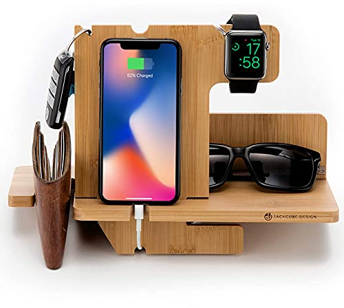 JackCubeDesign Wood Smart Watch Charger Bamboo dock Stand Multi Device Charging Station Organiser Holder for Smartphone Wallet Glasses Key(Large) – MK242A