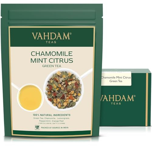 VAHDAM, Chamomile Mint Citrus Green Tea (50+ Cups, 100gm) Exotic Loose Leaf Blend | Goodness of Green Tea, Chamomile, Peppermint, Spearmint, Orange Peels & Lemongrass | Vacuum Sealed for Freshness