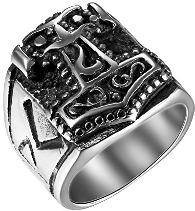 Flongo stor bred rostfritt stål band ring bandring svart silver Tors hammare sigillring gotik motorcyklister män ringstorlek 54 MM-76 mm, Rostfritt stål, ingen uppgift