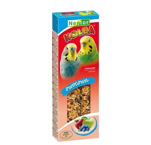 2x Budgie Sticks with FRUITS Parakeets Flask Bird Food 85g Canary Parrots Parakeet Finches Canaries Budgies Pet Pack of Two Treats Apple Pear Bananas Kiwi Seed Hooks