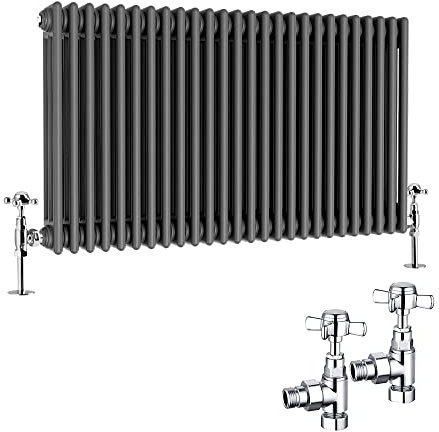 NRG Traditional Radiator 600 x 1190mm Horizontal Cast Iron Radiators Central Heating Anthracite Triple Column with Angled Pair of Valves