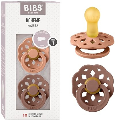 BIBS Boheme Soother 2-Pack. BPA Free. Round Nipple, Natural Rubber Latex, Made in Denmark. Size 1 (0-6 Months), Peach/Woodchuck