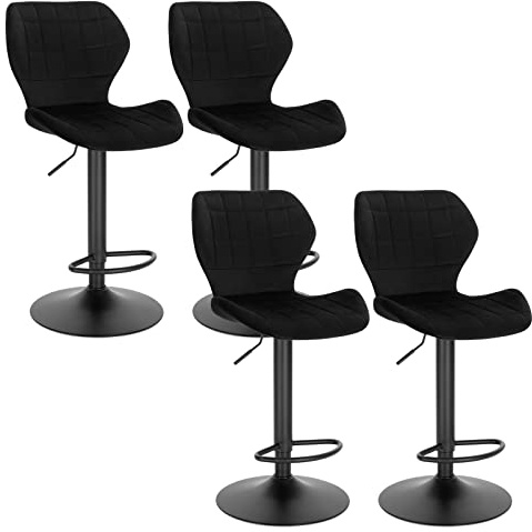WOLTU barstol set med 4 höjdjusterbara pallar 60-82 cm 360° snurrstol med ryggstöd fotstöd barstol av sammetsmetall ståpall svart BH324sz-4