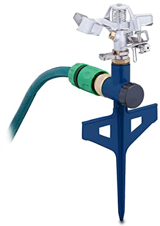 Relaxdays Arroseur de Jardin à pulsations, asperseur pelouse, Tourniquet Rotatif 360°, portée 12 m, métal,Bleu & argenté