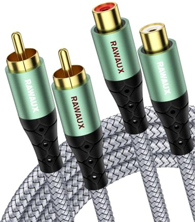 RAWAUX Förgylld RCA-Förlängningskabel 3 m, 2 x Kontakt Till 2 x Uttag Stereo Ljudkabel för Förstärkare, Hemmabio, Hi-Fi-System