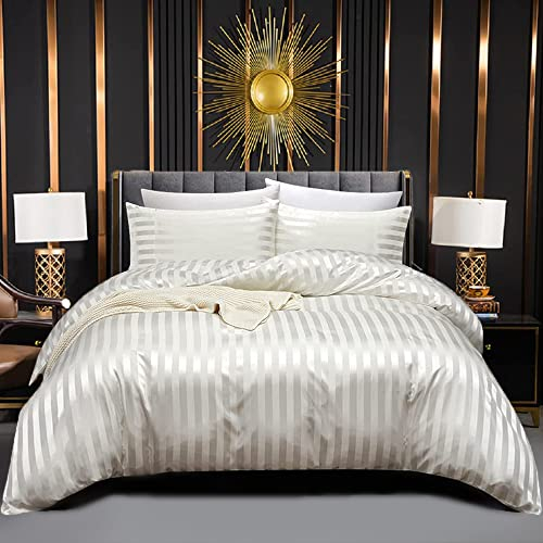 Luofanfei Beige Bettwäsche 200x200 Satin Streifen Glänzend Glanzsatin Uni Wende Bettwäsche Set Seide Glatt Luxus Weiß Bettbezug Gestreift Muster mit Reissverschluss und Kissenbezüge 80x80 cm