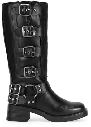 BOSANOVA Stivali alti stile biker con dettaglio ad anello metallico e fibbie decorative, suola piatta con tacco leggero da 4,7 cm.