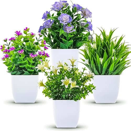 DREAMS21 Fake Plants Mini Faux Succulents Artificial Plants Set of 4 Decorative Plastic Potted Plant for Room Home Kitchen Garden Office Shelf Wall Decor Wall Decoration Indoor & Outdoor