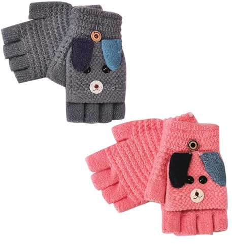 2 Pares de Guantes Convertibles sin Dedos para Niños Y Niñas de 5 A 12 Años, Guantes de Invierno con Tapa Abatible, Guantes Medios Dedos para Niños, Guantes de Dibujos Animados para Niños Y Niñas