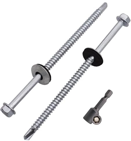 SKIR'CO (100 st) Förzinkade takskruvar 5,5 x 105 mm, sexkantshuvud, DIN 7504-K Självborrande skruvar med EPDM tätningsbrickor