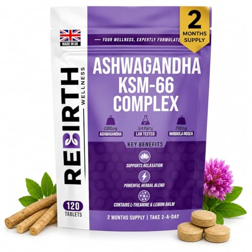 Cortisol Support Supplement with Ashwagandha KSM 66, Rhodiola, L-Theanine & Lemon Balm – Natural Adaptogen for Balance, Focus & Weight Goals – 120 Tablets - UK Made