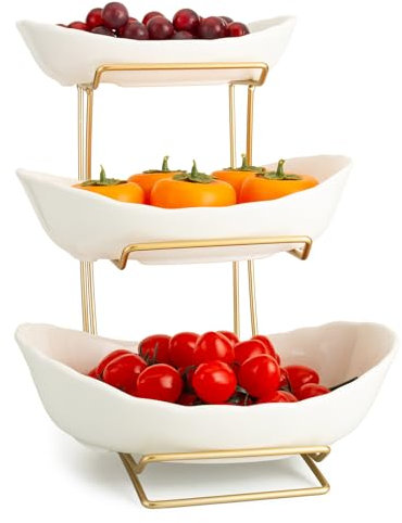 XUDREZ Corbeille à fruits en céramique à 3 niveaux - Blanc et doré - Avec support en métal - Pour salade, collations, pain, bonbons, légumes - Blanc