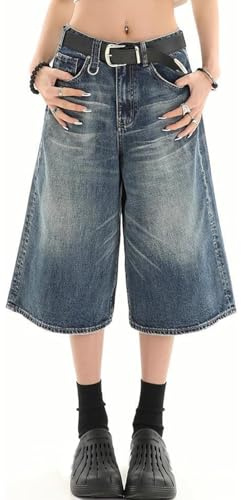 VOLYMOON Men's Blue Solid Loose Fit Y2k Baggy Jean Shorts, X-Small