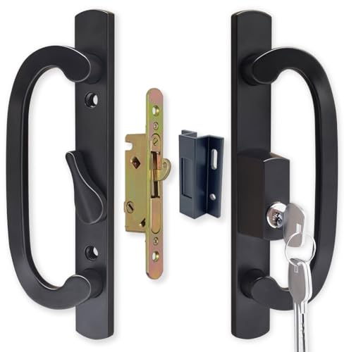 ALLYWASAI Patio Sliding Door Handle Set with Mortise Lock, Key Cylinder and Keeper, Replacement Handle Lock Set Fits Door Thickness from 1-1/2 to 2-1/4, 3-15/16 Screw Hole Spacing, Keyed, Black