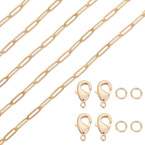Beebeecraft Catena A Graffetta da 6.56 Piede per La Creazione di Gioielli Catena A Maglie in Acciaio Inossidabile Placcata in Oro 18K con 304 Fermagli A Moschettone da 10 Pezzi e 30 Anelli di