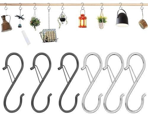 FENQURO 6 Pezzi ganci a S con Fibbia di Sicurezza, gancio in Acciaio Inox, uncino metallo doppio, Gancetti per Appendere Tazze, Cucina Pentole e Ciotole, Guardaroba Vestiti Asciugamani