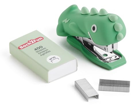 Back2Fun - Mini grapadora infantil de goma suave con 400 grapas Nº10, Diseño divertido y compacto, Regalo escolar original, Papelería bonita para niños, niñas y uso diario en el cole