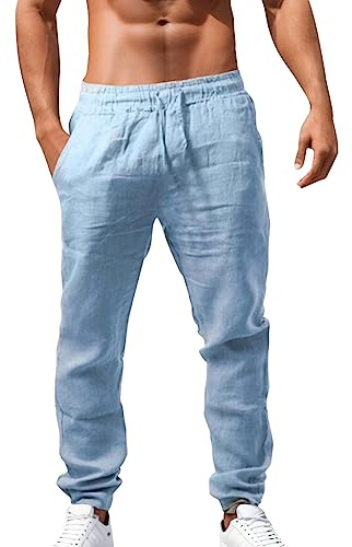 Pantalon Lin Homme Taille Elastique Été Pantalon Coton Lin pour Homme Plage Casual Sport Yoga Toile Pantalons de Travail Léger Décontracté Coupe Droite avec Cordon de Serrage Poches