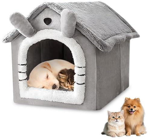 Katzenhaus Indoor, Katzenbetten mit Waschbarem Plüschkissen 38×35×40cm, Katzenhöhle für Draußen, Hundehütte Hundehöhle, Katzenhaus Höhle, Katzenbett Große für Kleine und Mittlere Katzen Hunde