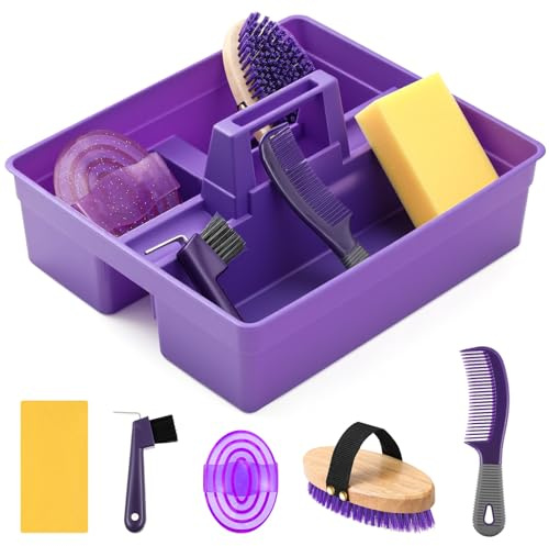 Abbylike Kit de 6 bolsas de aseo de caballos de plástico, bolsa de aseo para caballos, organizador duradero con asa, juegos de cepillos de caballo, suministros de limpieza (morado)
