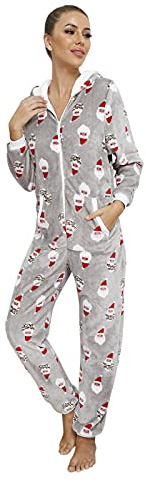 Generisch Pyjama de Noël pour femme - Grenouillère à capuche - Vêtement de nuit - Clubwear - Pyjama en polaire - Motif de Noël, gris, XL