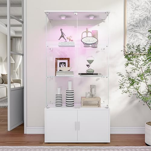 BursDany Vitrine aus Glas mit LED und Schloss – Vitrinenschrank für Sammlung, 4 Türen, 4 Regale, für Schlafzimmer, Wohnzimmer und Bar, 164 x 78,5 x 35 cm (weiß, Blinklicht)