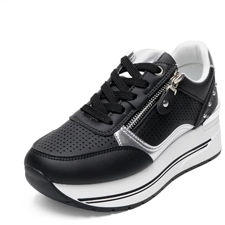 JOMIX Scarpe Donna Sneakers Lacci Zeppa con Zip Laterale Eleganti Antiscivolo Comode da Camminata WSC260025 (Nero,39)