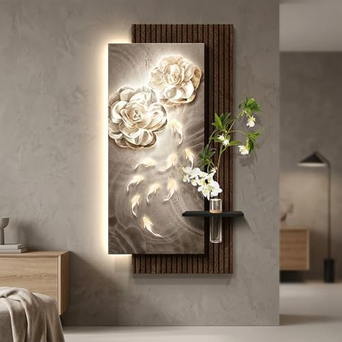 Arte de Pared 3D LED de Arenisca Texturizada, Diseño Floral y Nueve Peces, Alimentación Enchufable, Jarrón de Vidrio con Planta Artificial(40x80cm(15.7x31.5in),D)