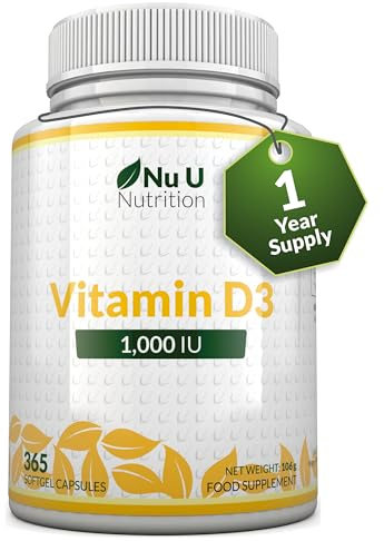 Vitamina D3 1000 UI - 365 Capsule Softgel - 1 Anno di Scorta - Integratore di Vitamina D - Colecalciferolo ad Alta Biodisponibilità - Prodotto in Europa - Nu U Nutrition