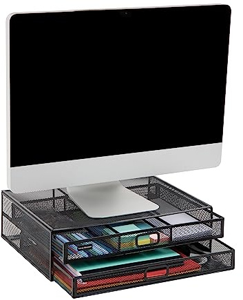 Mind Reader 2TDMESHY-BLK - Soporte para Monitor de Metal con 2 cajones, Organizador de Escritorio, sostiene PC, portátil, portátil, Impresora y Mucho más, Color Negro