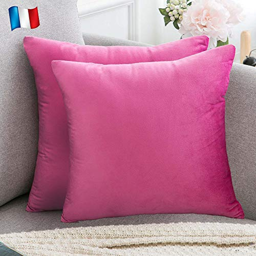 Douceur De Plumes Set di 2 Federe Cuscini Decorativi Tinta Unita in Velluto Rosa Fucsia 50x50, Federa Quadrata Moderna e Morbida, Decorazione Soggiorno Divano Camera Letto (2 Rosa Fucsia)