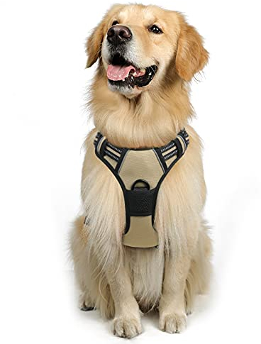 rabbitgoo Hundegeschirr Mittelgroße Hunde, Anti Zug Geschirr mit Kontrolle, No Pull Verstellbar Hundegeschirr Grosse Hunde, Atmungsaktiv Reflexstreifen Brustgeschirr Sichere Führung Kaki L