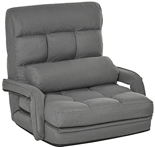HOMCOM Poltrona Letto Singolo Imbottita con Cuscino, Poltrona Relax con Schienale Reclinabile su 5 Livelli per TV, Giochi, Lettura, Yoga, Divertimento, Ufficio, 78x62x70 cm, Grigio