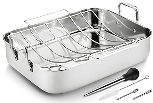JY COOKMENT Roasting Pan with Baking Rack, 16.5 Inch Stainless Steel Turkey Roaster with Rack, Baster. Great for Turkey, Chicken, Ham, Vegetables