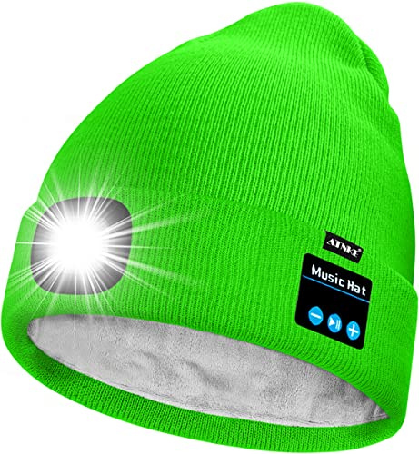 ATNKE Unisexe LED Bluetooth Bonnet Lampe Frontale,USB Rechargeable 4 LED Musique Parleur Chapeau de Course Lumière Chaud Polaire Doublée Tricot Bonnet Cadeaux pour Hommes et Femmes/Flucent Green