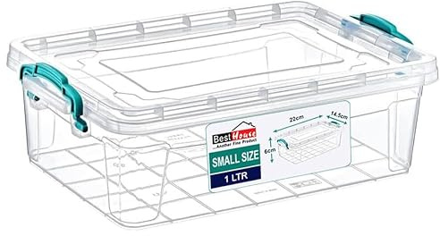 Best House | Small Plastic Storage Box with Clips & Lids | Size 1L (L:21.6cm W:14.6cm H:6cm) | Set of 1 | Flat Shape |Stackable Clear Multipurpose Home Office Kitchen Tools Crafts Bits N Pcs-1 Litres