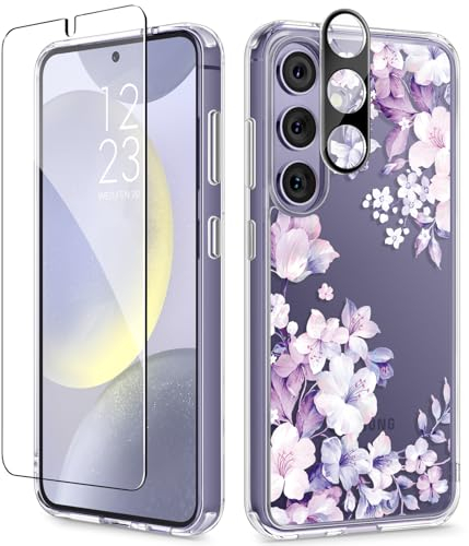 GVIEWIN kompatibel mit Samsung Galaxy S24 Hülle 6,2 2024, mit Displayschutz Schutzfolie + Kamera Schutzfolie, Anti-Gelb Blume Klar PC + TPU Dünn Stoßfest Kratzfest Handyhülle, Blatt/Lila